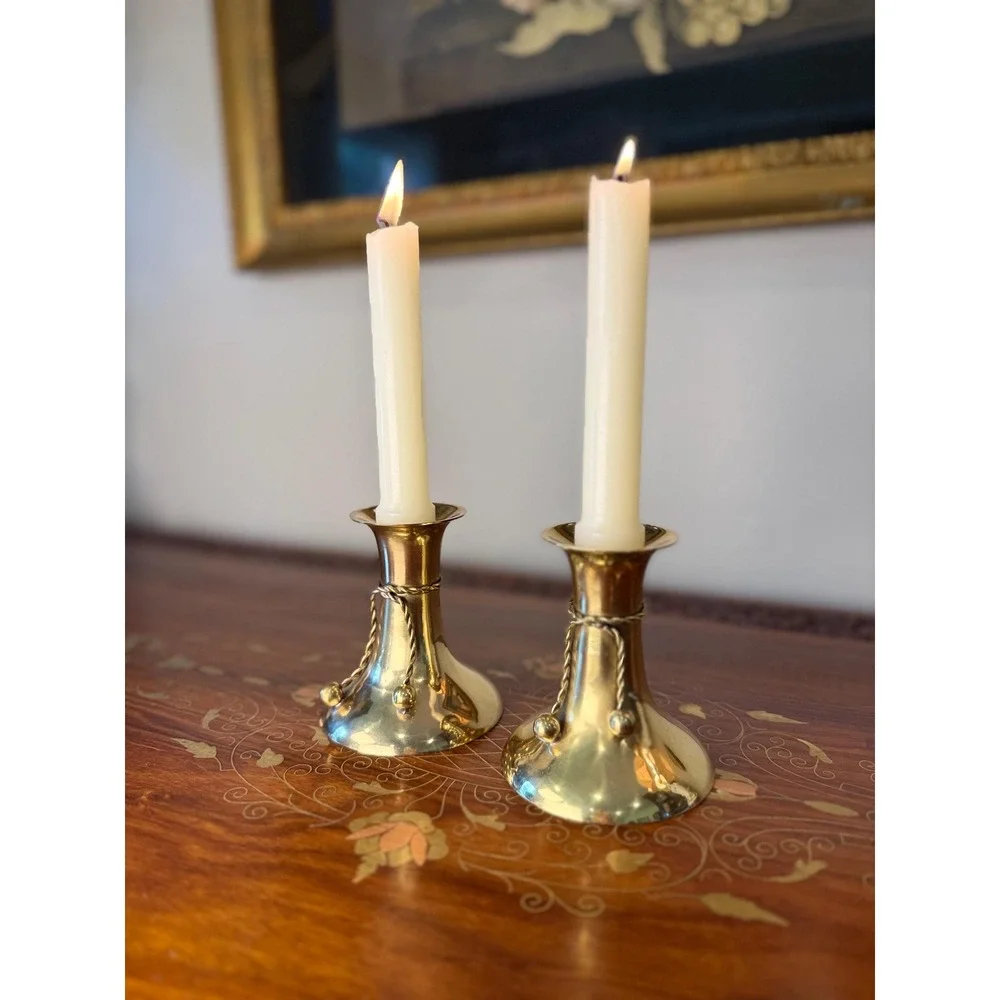 Vintage Brass Candlestick Pair • Tassel Taper Candle Holders